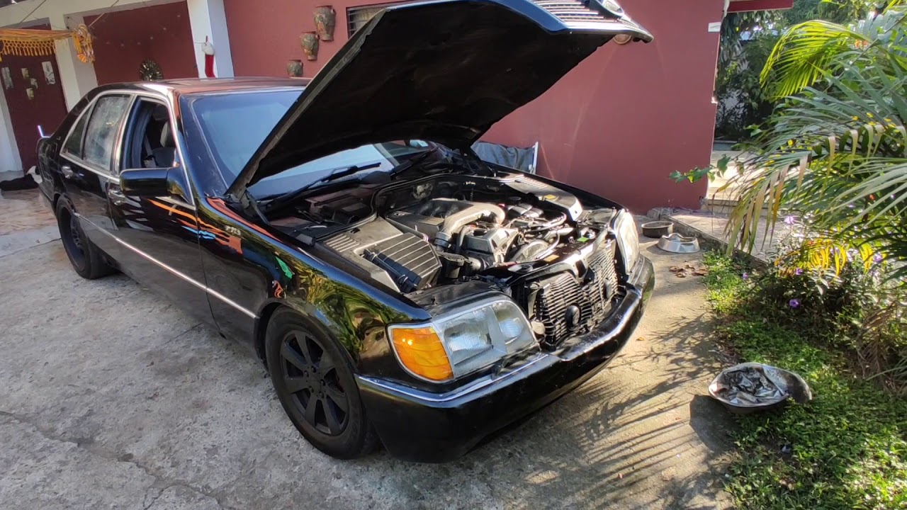 Black Mercedes W140 S350 OM603 Perle Noire walkaround, loud exhaust notes, loud turbo spool sound.