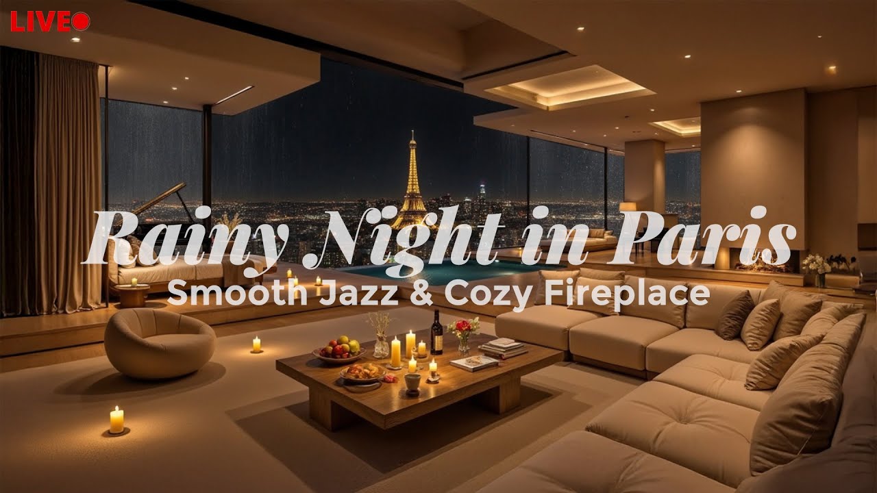 Rainy Night in Paris: Smooth Jazz, Eiffel Tower View & Fireplace