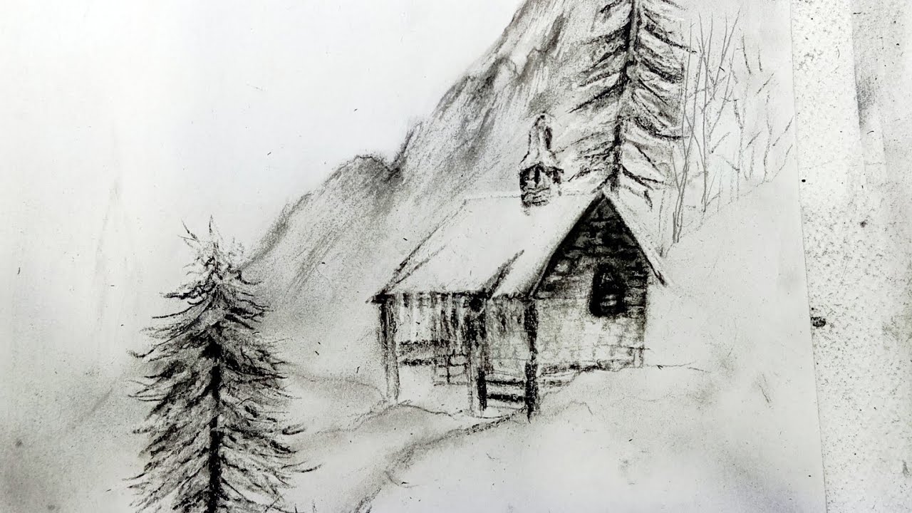 🎨 Snowy Mountain Cabin Drawing | Peaceful Winter Landscape Pencil Sketch