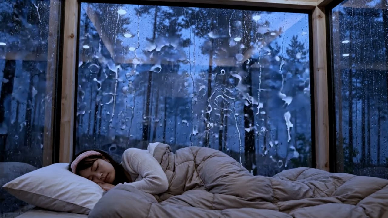 Fall Asleep Instantly to Heavy Night Rain on Glass Windows & Soft Stream Ambience