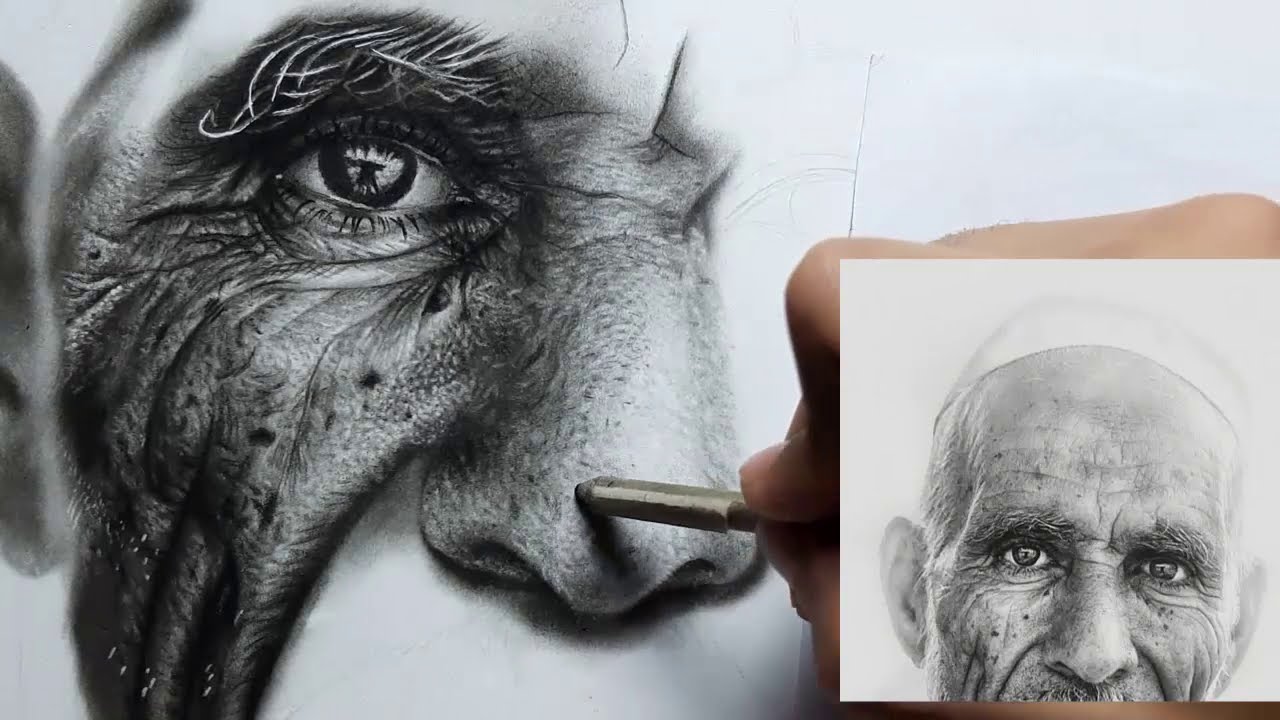 تعليم رسم البورتريه كامل بالفحم لرجل عجوز _الجزء الرابع _ رسم الانف ومسام البشرة