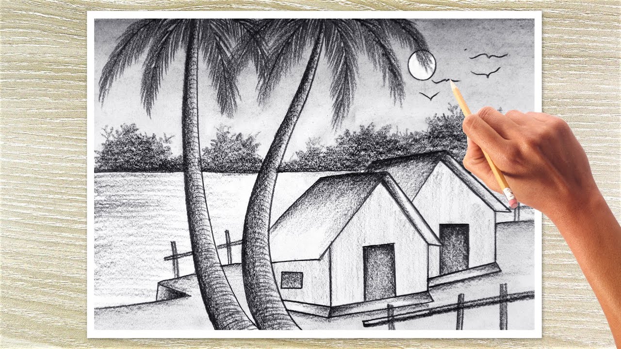 Pencil Shading Tutorial: Realistic Palm Trees & Village Houses | Scenery Drawing