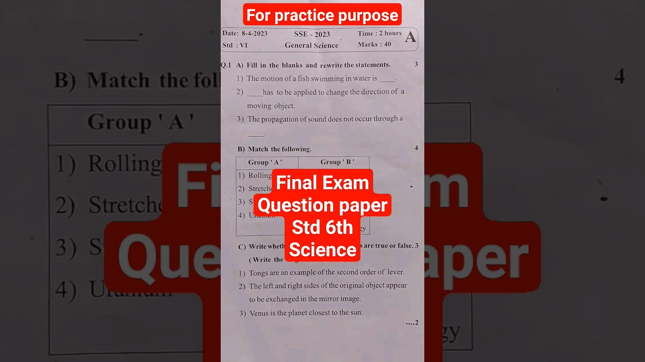 6th std Science question paper Final exam