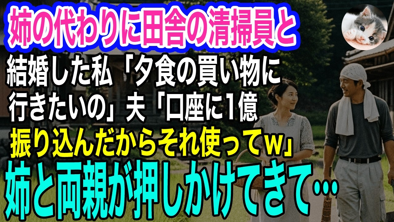 姉の代わりに田舎の清掃員と結婚した私「夕食の買い物に行きたいの」夫「口座に1億振り込んだからそれを使ってｗ」→すると姉と両親が押しかけてきて…【スカッとする話・年金シニア生活】