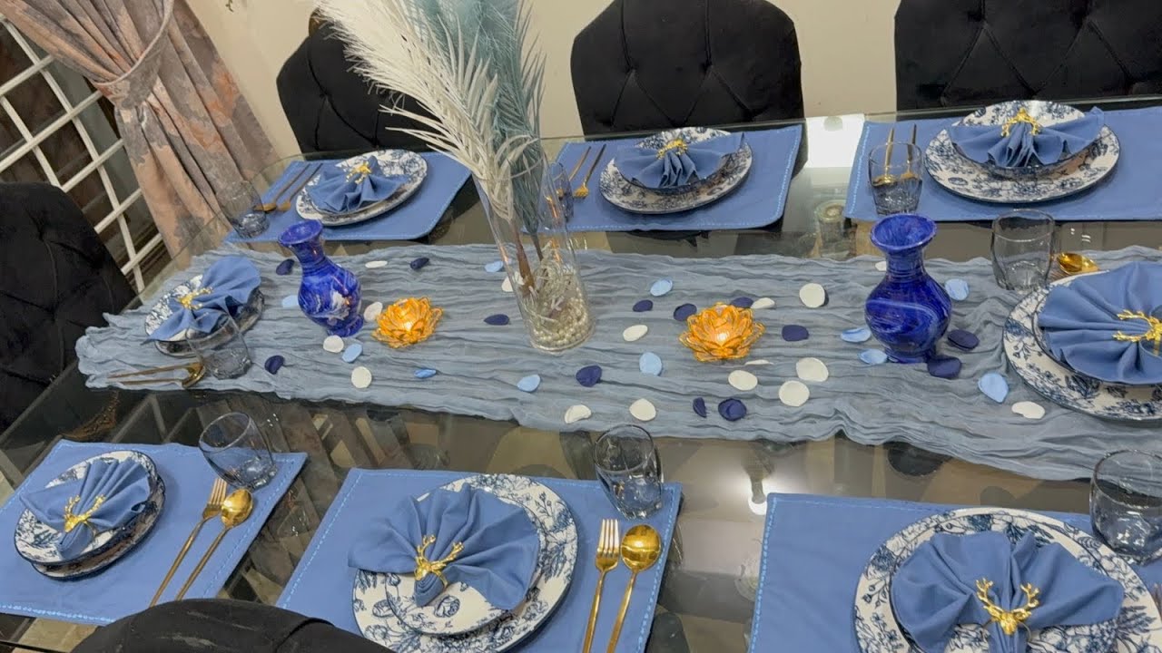 Grand Dawat Preparations and Blue Theme Table Decor | Table Decor Ideas