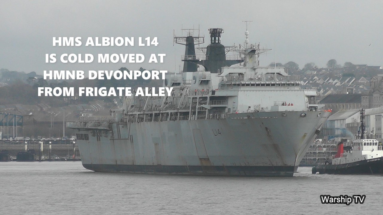 HMS ALBION L14 IS COLD MOVED AT DEVONPORT NAVAL BASE FROM FRIGATE ALLEY TO No  1 JETTY. 5-3-2026