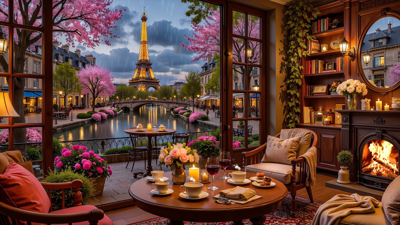 Peaceful Spring Night With Warm Jazz Music 🌸Gentle Rain Sounds & Soothing Melodies for Stress Relief