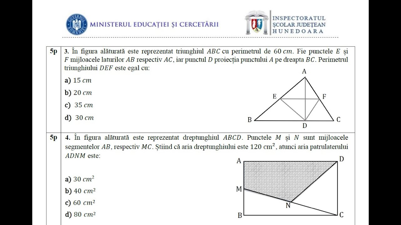Simulare EN matematică ISJ Hunedoara ianuarie 2026 - Subiectele I şi II