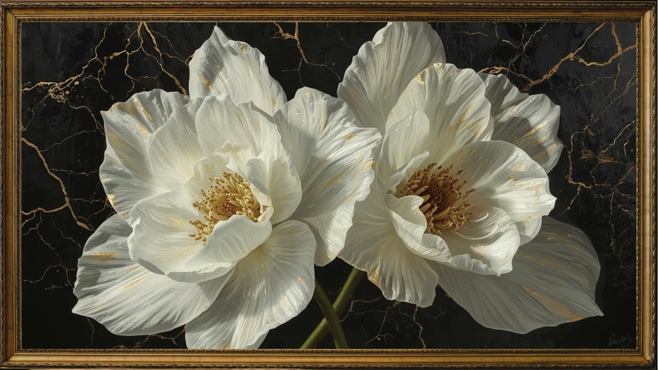 💐✨ Flores blancas y doradas sobre fondo negro - Salvapantallas de TV 4K