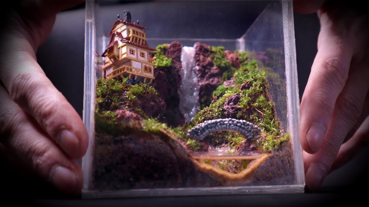 Scratch-built Miniature Medieval House in Moss Terrarium Landscape