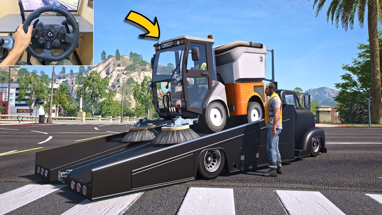 GTA 5 Lets Go To Work as Street Sweeper Operator - Steering Wheel Gameplay