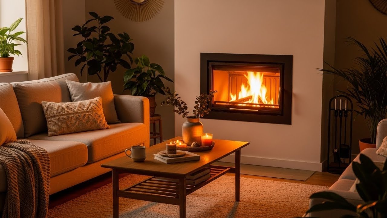 Aesthetic Living Room Fireplace 🔥 Soft Rainy Night Ambience for Relaxation