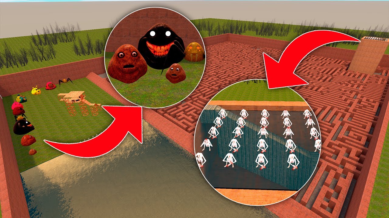 Army SCP 096 vs Pou Bou's Family in Big Maze in Gmod!