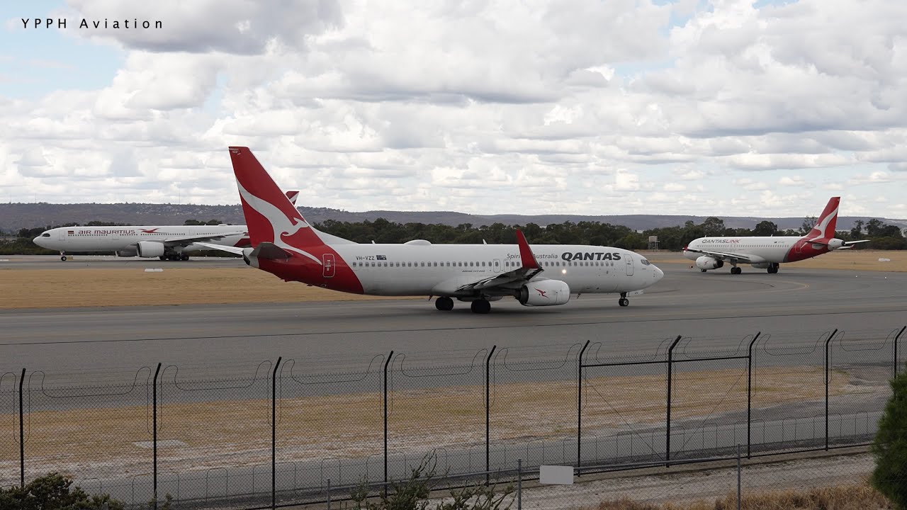 Mauritius, Qantas and QantasLink depart RW03 on a cloudy day at Perth Airport (YPPH).