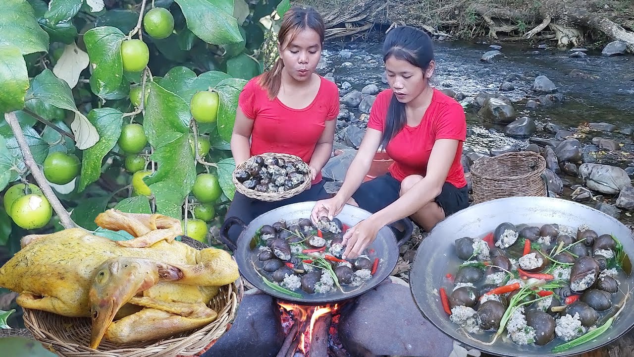 Yummy! Snail soup tasty with pork for food in forest, Duck curry spicy  for jungle food, +5 video