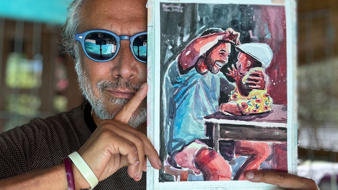 Watercolor figure study: father and daughter