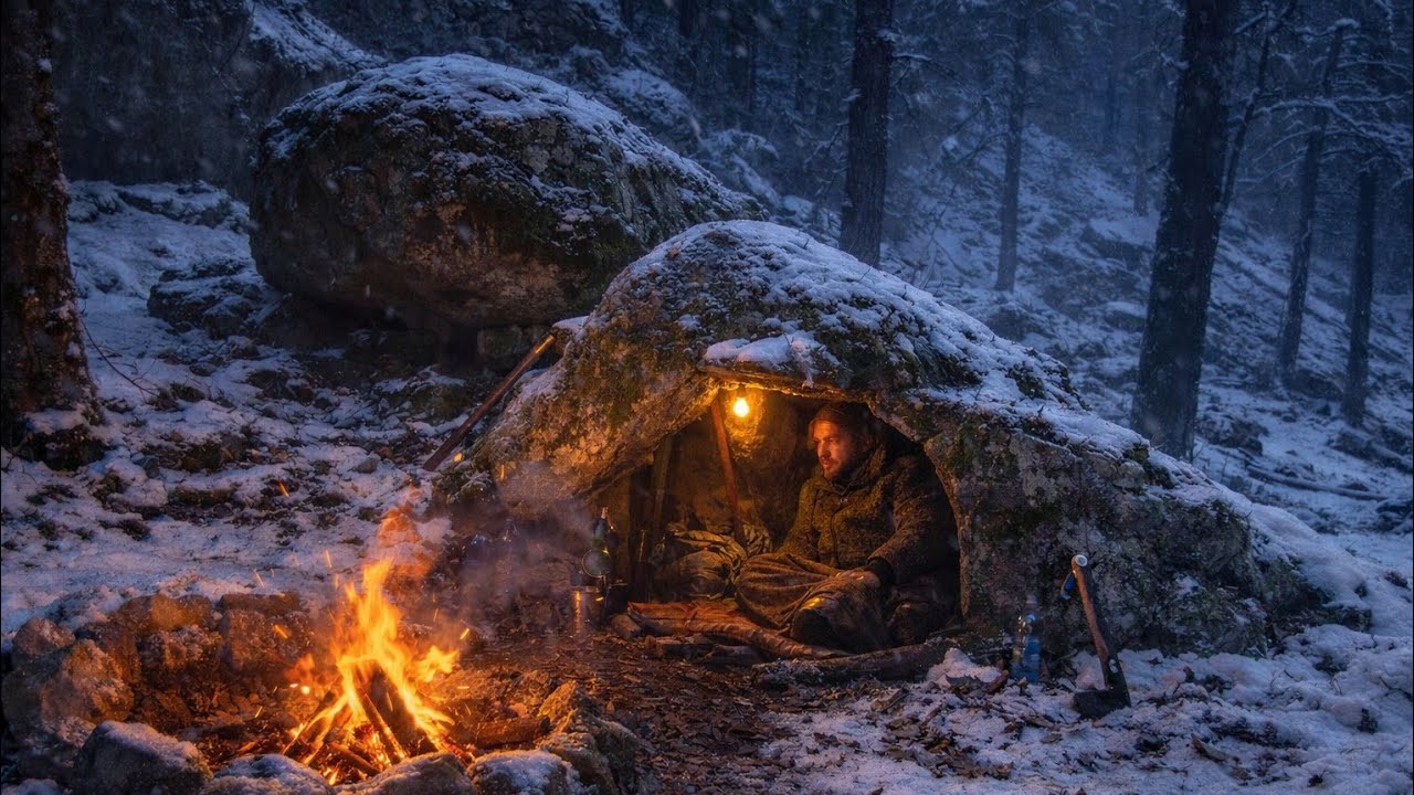 Winter Bushcraft Camping | Survival Shelter Between Two Rocks in Snowy Forest