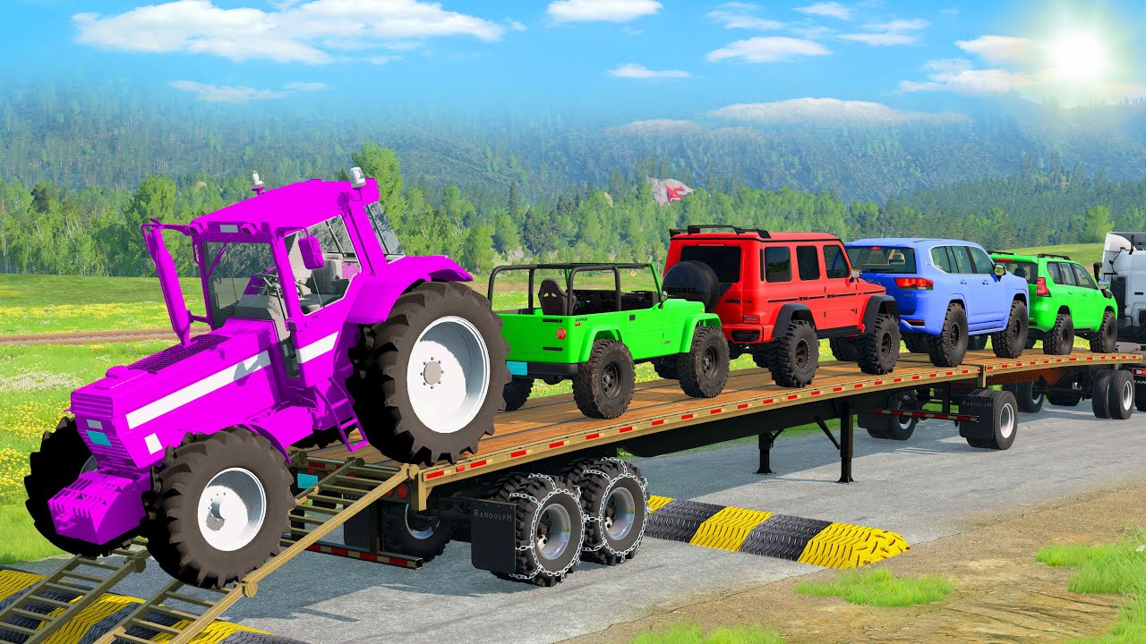 TRANSPORTING PIXAR CARS & FRUITS WITH COLORED & JOHN DEERE vs CLAAS vs TRACTORS - BeamNG.drive #983