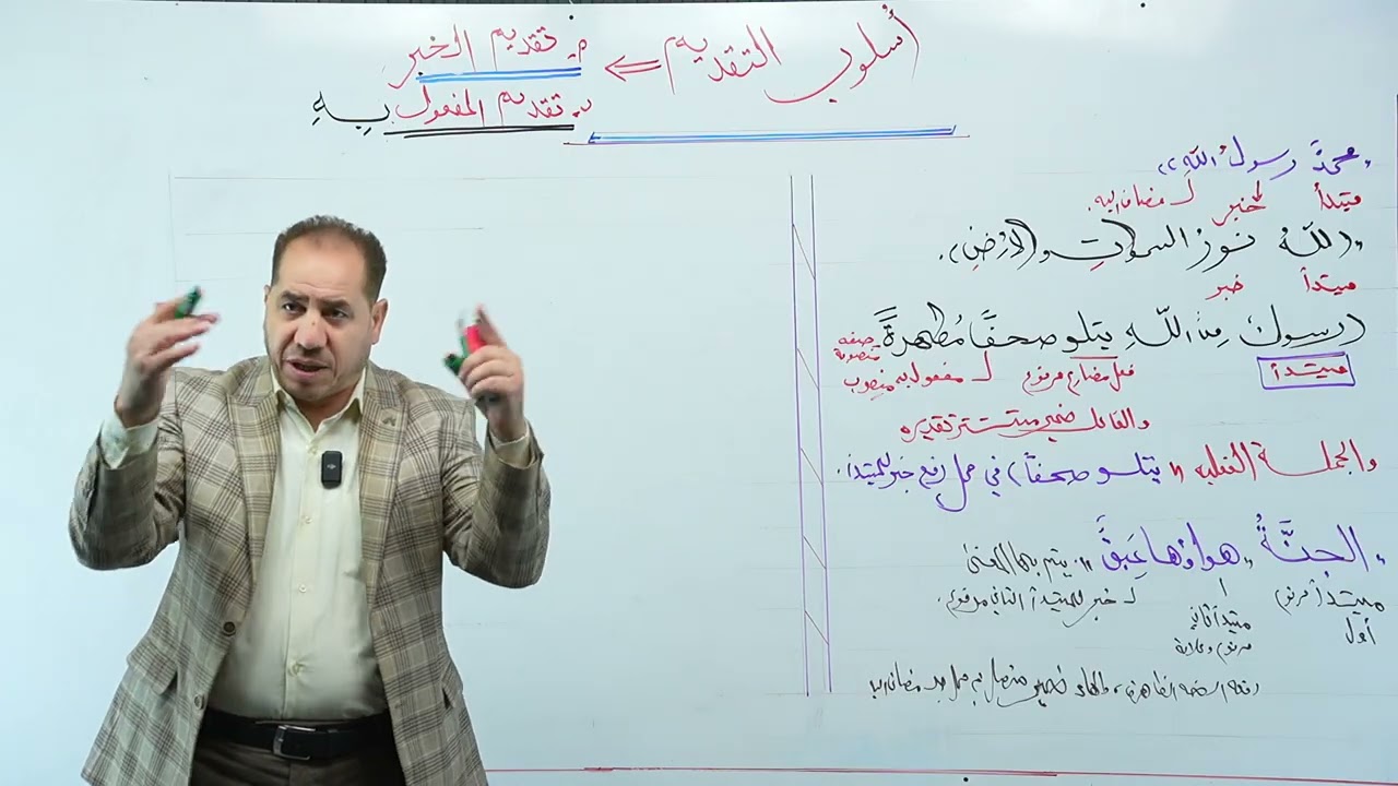 الجزء الأول بتقدم الخبر على المبتدأ وجوبا (اذا كان الخبر من الالفاظ التي لها الصدارة من الكلام.) 69