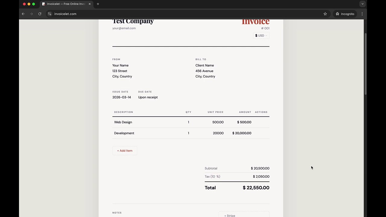 Invoicelet &mdash; Free Invoice Generator | No Signup, Browser-Based PDF Export