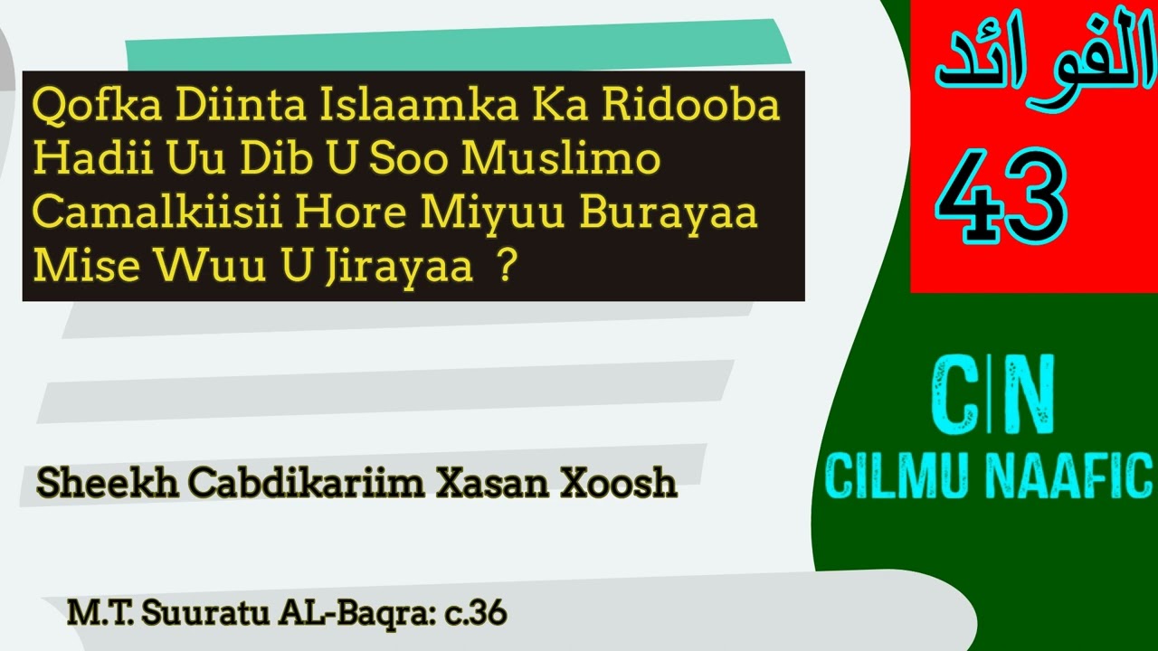 Qofka Diinta Ka Ridooba Hadana Soo Islaama Camalkiisii Hore Miyuu Burayaa Sh Cabdikariim Xasan Xoosh