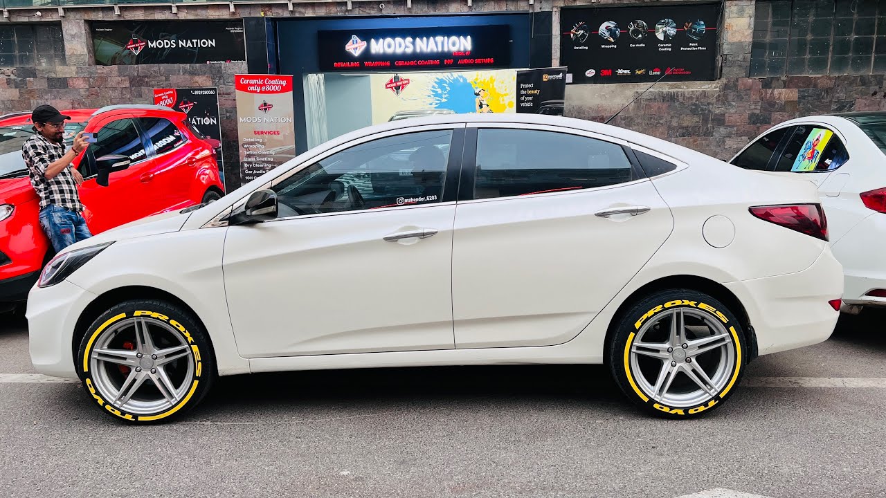 RACING TYRE STICKER INSTALLED IN VERNA🔥17inch alloy !tyre stickers installed process #tyrestickers