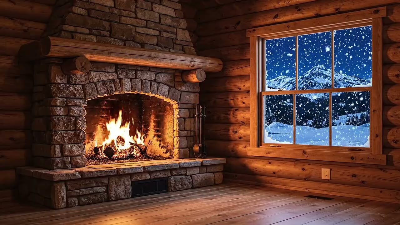 Cozy Winter Cabin ❄️ Fireplace Warmth & Soft Piano with Falling Snow