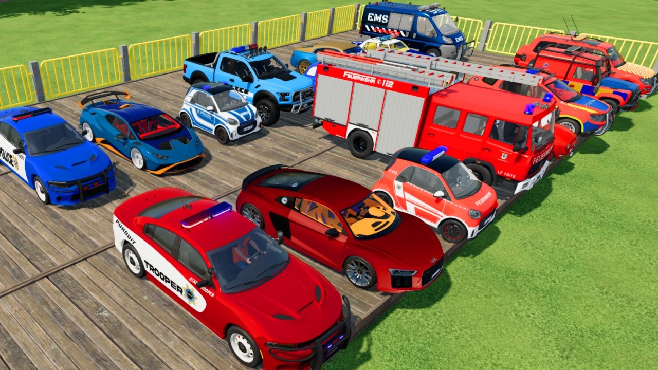 TRANSPORTING CARS, AMBULANCE, POLICE CARS, FIRE TRUCK OF COLORS! WITH TRUCKS! - FS 22
