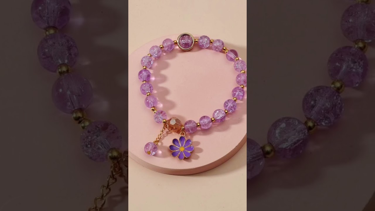Purple flower charm beaded bracelet boho crafted creative beads designs stretchy