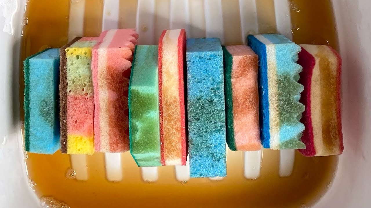 ASMR bulk variety kitchen sponge ripping + squeezing in dettol - soft soapy crisp