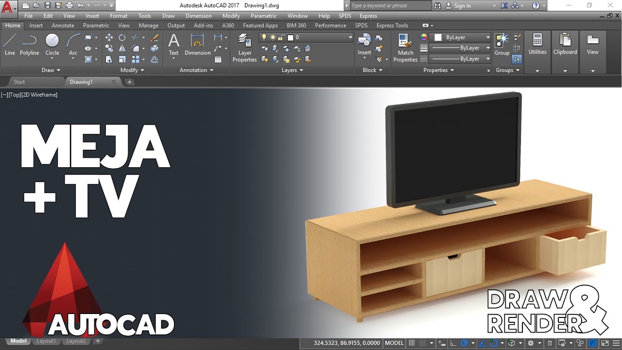 Cara Menggambar dan Render Meja Tv dengan Ilustrasi Tv di Atasnya Menggunakan AutoCAD
