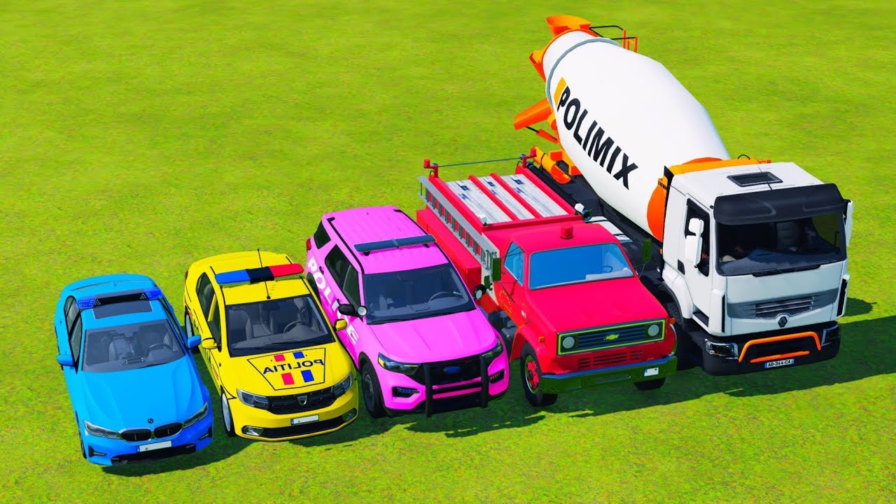 TRANPORTING POLICE CARS - BMW, DACIA, FORD, CHEVROLET RIRE TRUCK, MIXER TRUCK - FS 22 - Galaxy Farm