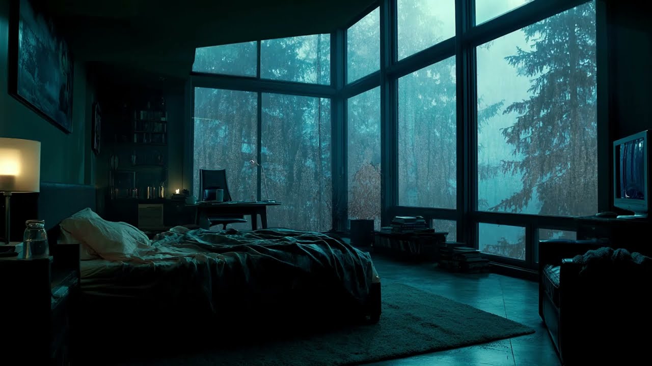 Cozy Forest Bedroom Rain on Window Sounds for Sleeping - Deep Relaxation and Heavy Thunderstorm