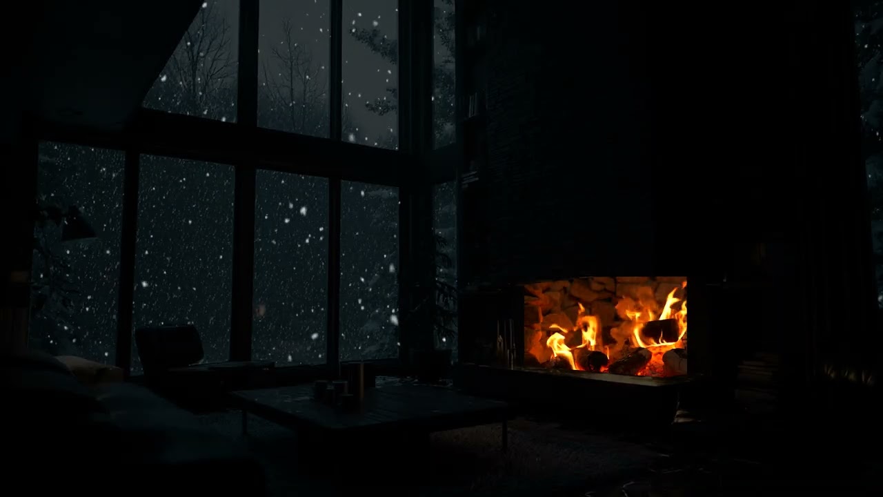 Warm Fireplace & Soft Piano Relaxing Holiday Ambience with Snowfall