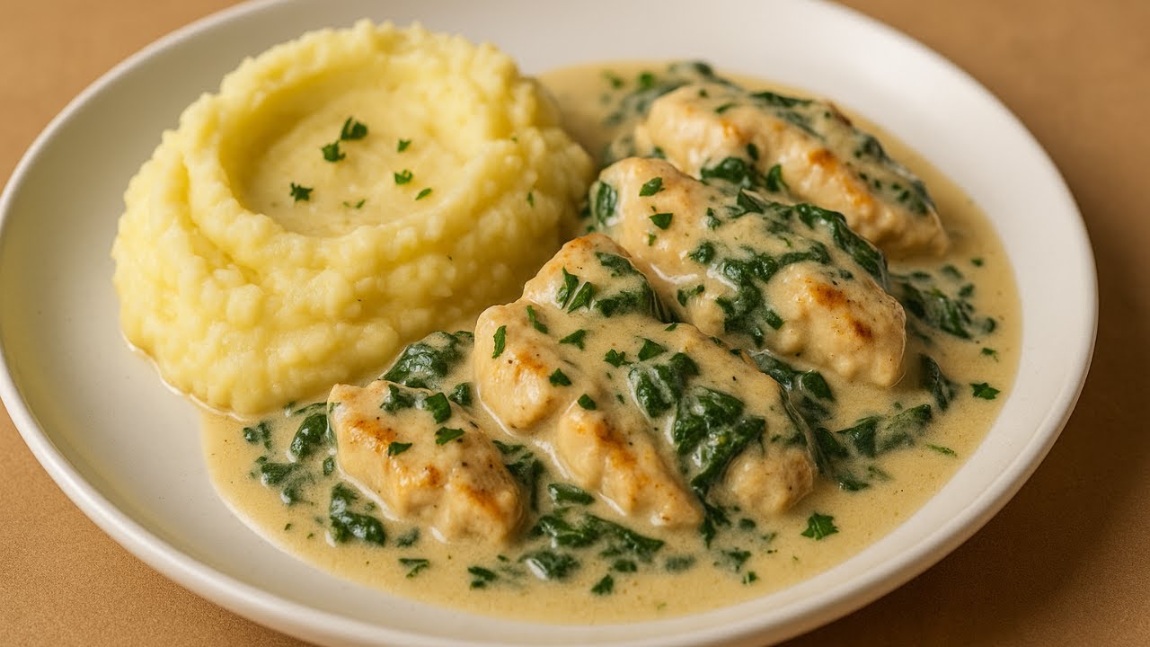 Kartoffelpüree mit Hähnchenbrust in cremiger Spinat-Sahnesoße | Zart & einfach!
