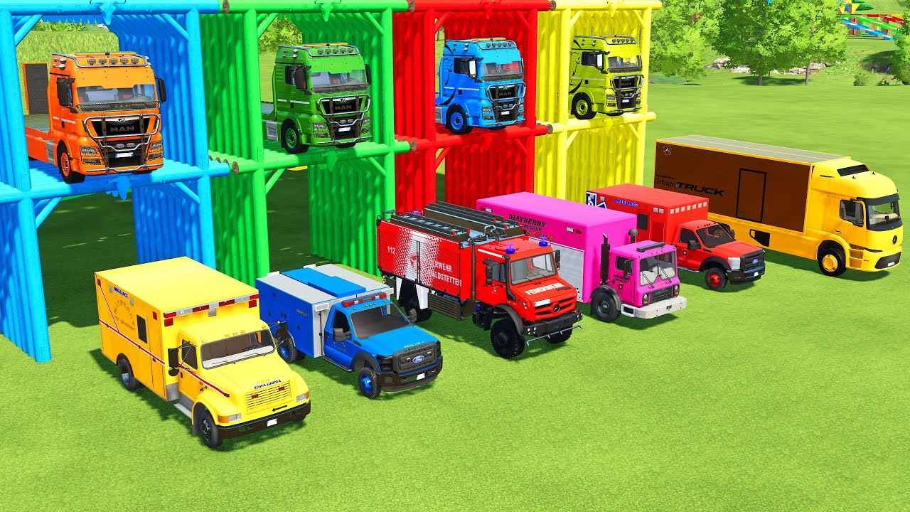 TRANSPORTING BOX TRUCK, POLICE CARS, AMBULANCE, FIRE DEPARTEMENT, FIRE TRUCK TO GARAGE | FS22