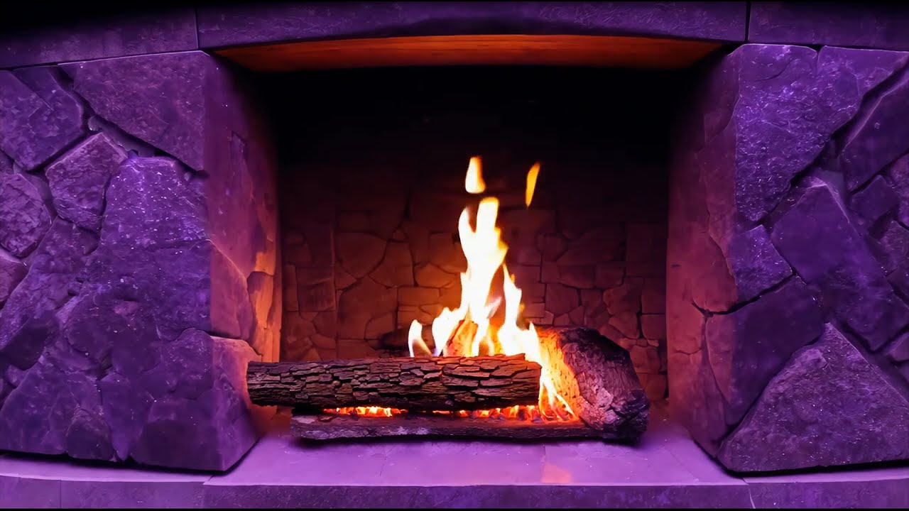 12-Hour Stone Fireplace Yule Log with Soft Purple Hue | Relaxing Ambiance, 4K