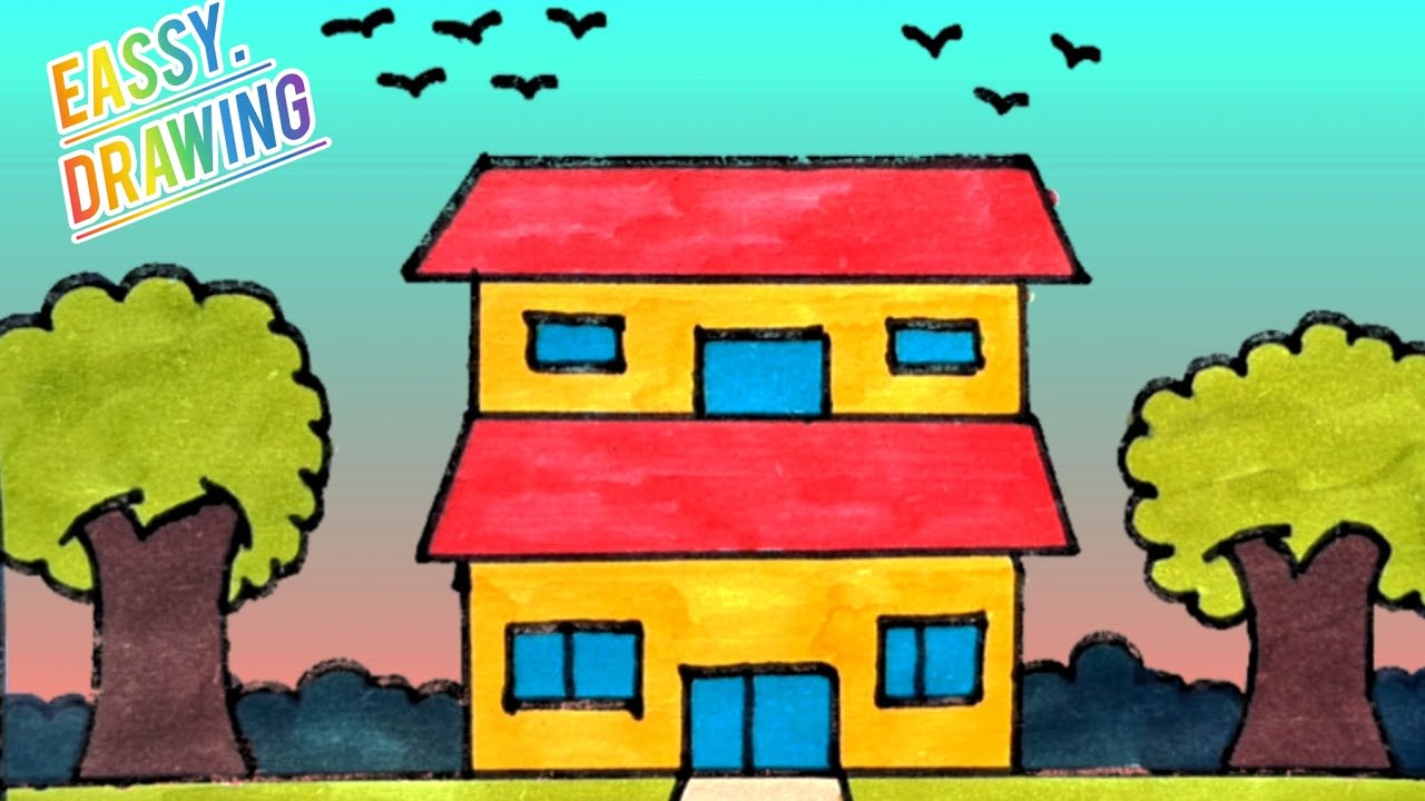 How to draw easy house drawing and colouring,  easy and beautiful drawing 😍 ❤️ 