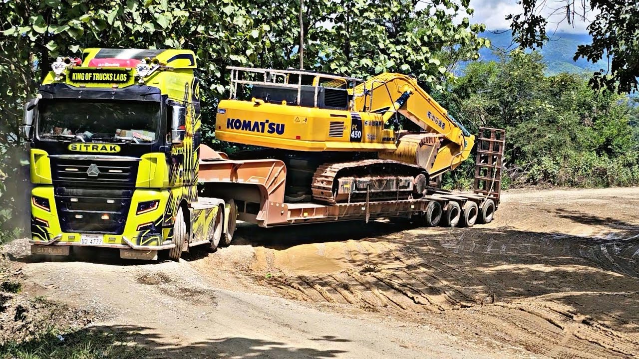 ນຳສົ່ງລົດຈົກ komatsu 450 ຈາກດ່ານບໍ່ເຕ່ນ​ໄປ​ນະຄອນຫລວງວຽງຈັນ บ่อเต็นไป เวียงจันทน์