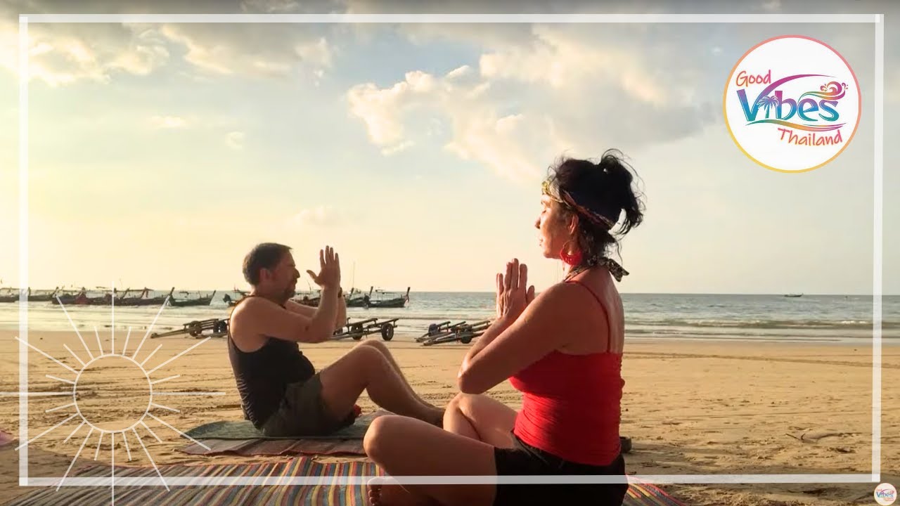 Sunset Beach Yoga! Where Anything Goes—seriously 😅! #ThailandTrixie