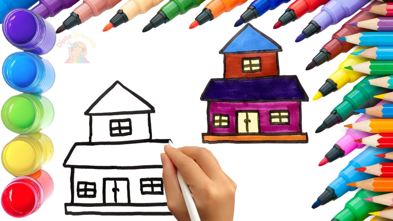 How To Draw cute House Drawing, Painting & Coloring For Kids and Toddlers_🐋🌈🎨