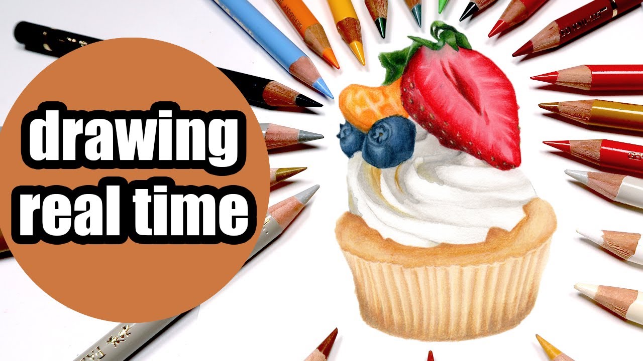 Watercolor and color pencils food illustration tutorial: Realistic cupcake drawing process