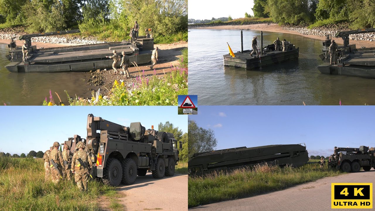 Bergeaction pur. Britische M3 Fähre fährt sich am Rhein fest. Bundeswehr Manöver Grand Crossings