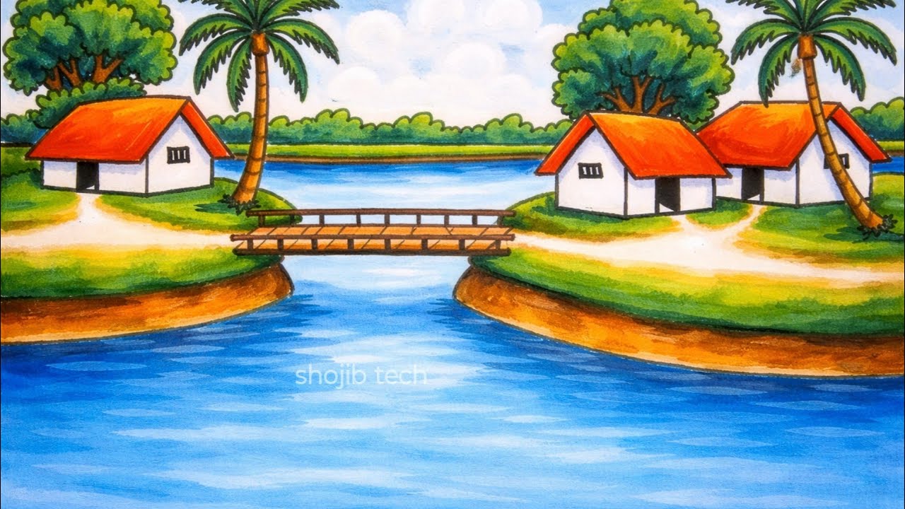 How to draw a riverside landscape easily|| easy scenery art step by step||#art #scenery #landscape 