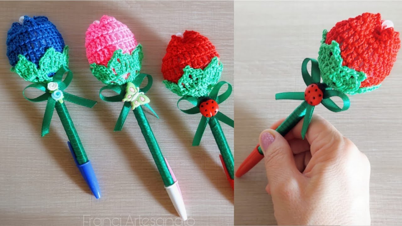 CANETA COM TULIPA DE CROCHÊ 🌷 CROCHET FLOWER PEN | PASSO A PASSO - FRANCI ARTESANATO