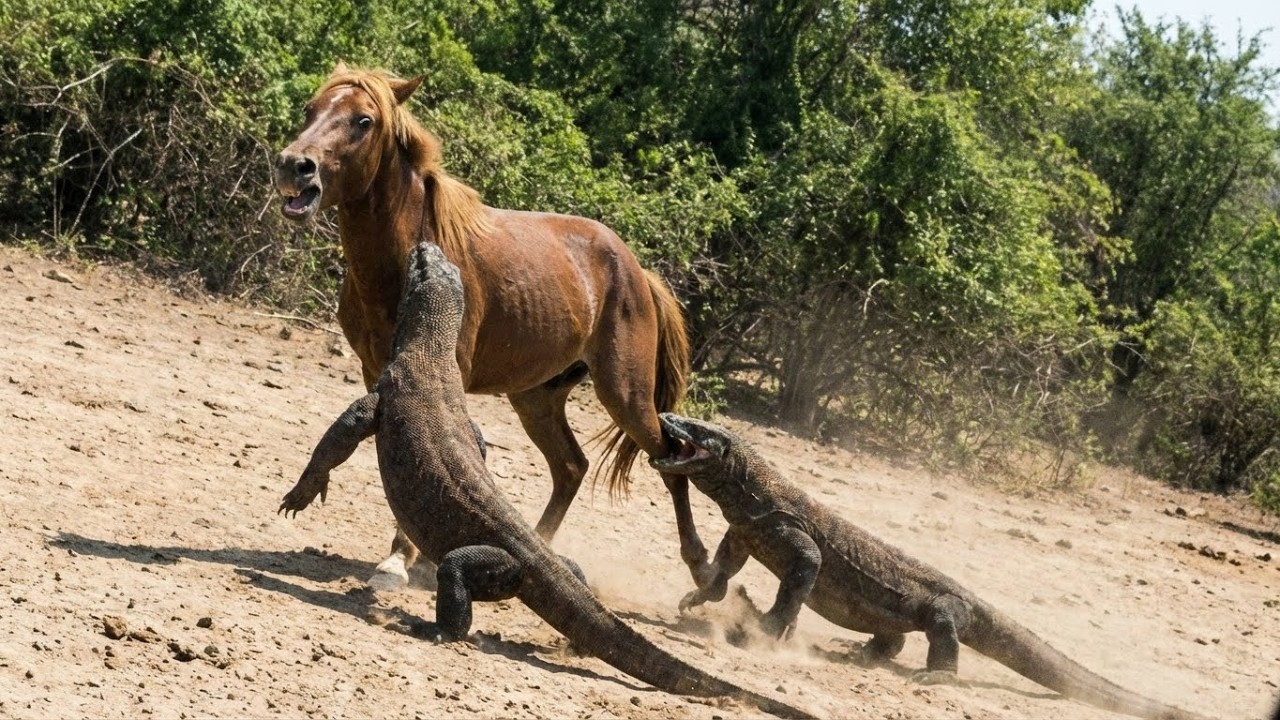 Two Komodo Dragons, One Helpless Horse