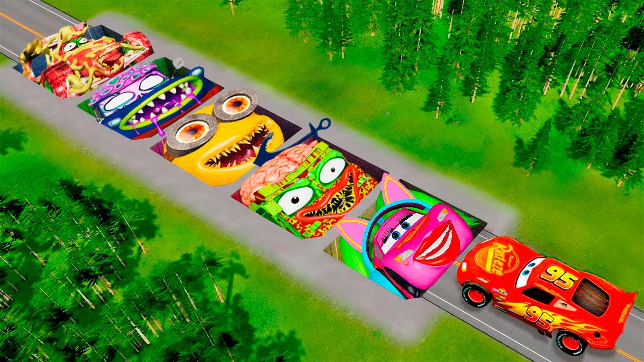 Mega pits with McQueen and Friends Mcqueen Vs Big & Small Lightning McQueen! BeamNG Drive Battle!