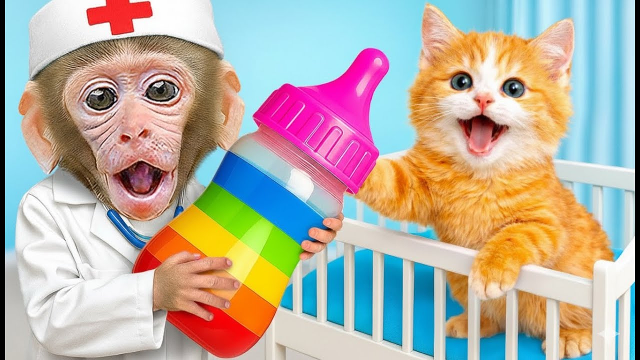 A Sweet and Funny Moment as a Baby Monkey Spends a Joyful Time With a Playful Baby Cat