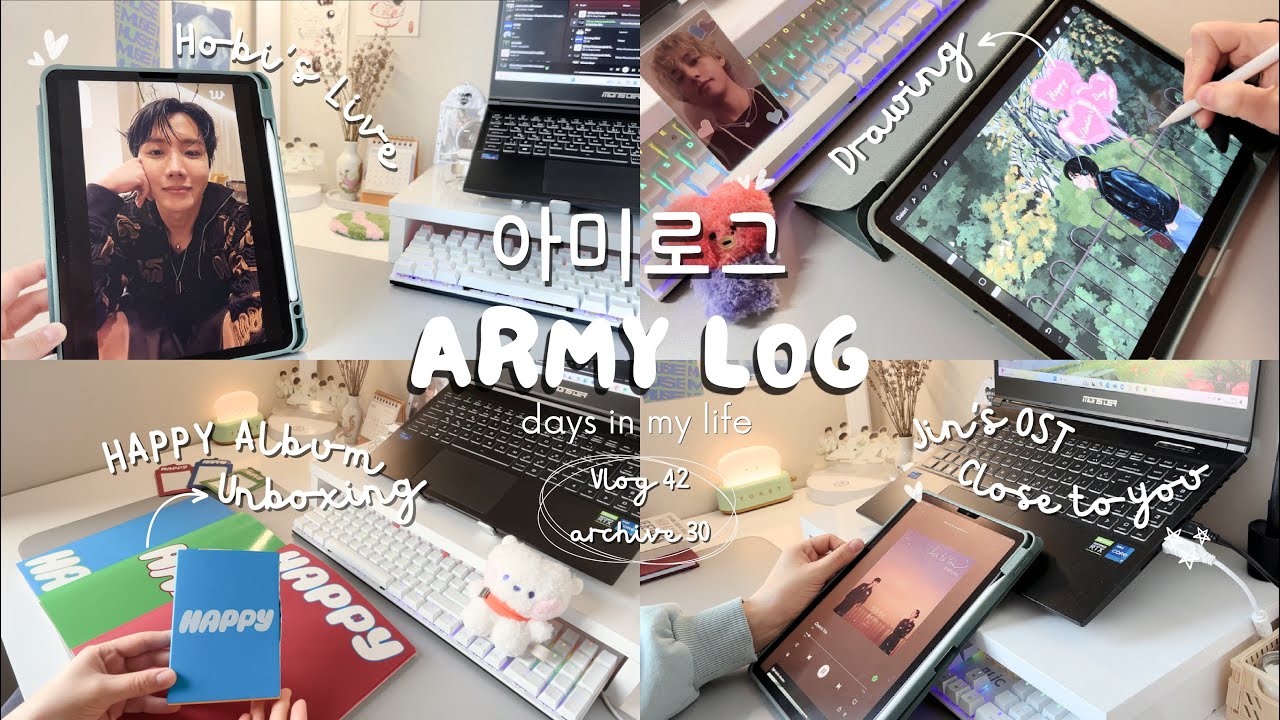 아미로그 | Army-log ~ archive for 태태 | HAPPY Unboxing 💜📦 Jin ~ Close to you ✨| Hobi’s Live | drawing ✍️