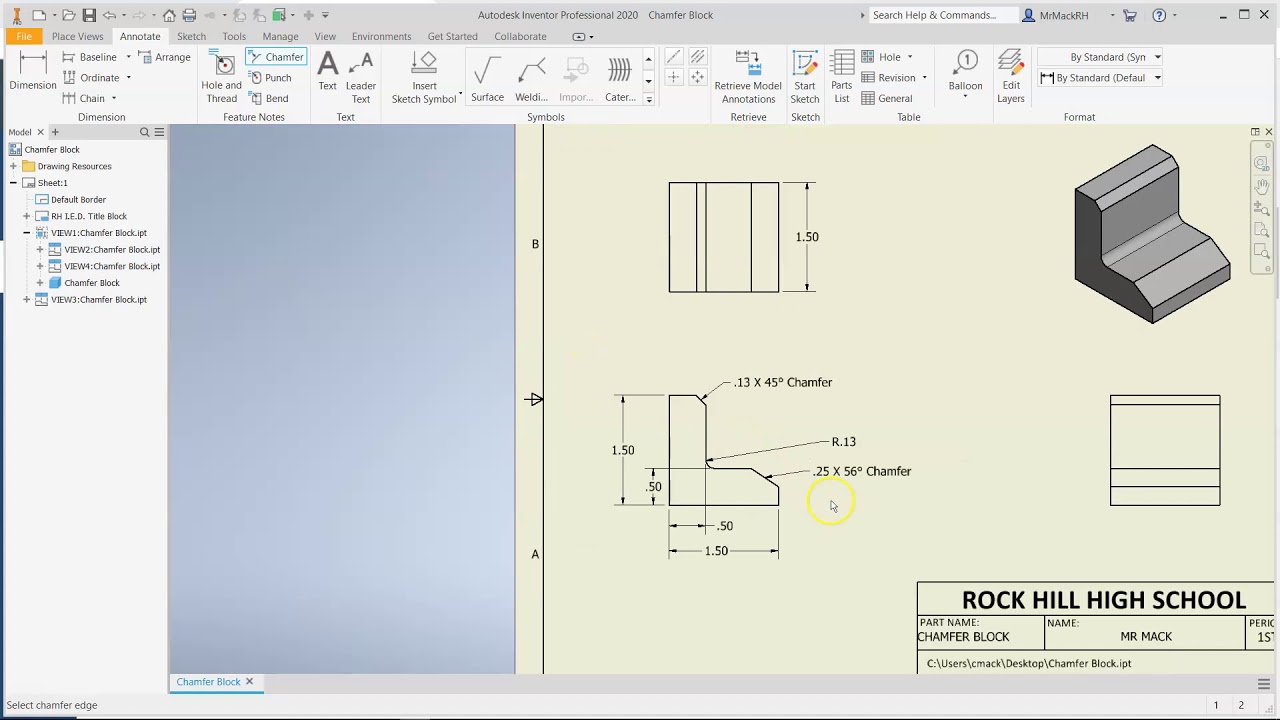 Inventor - Chamfer Block Drawing Sheet
